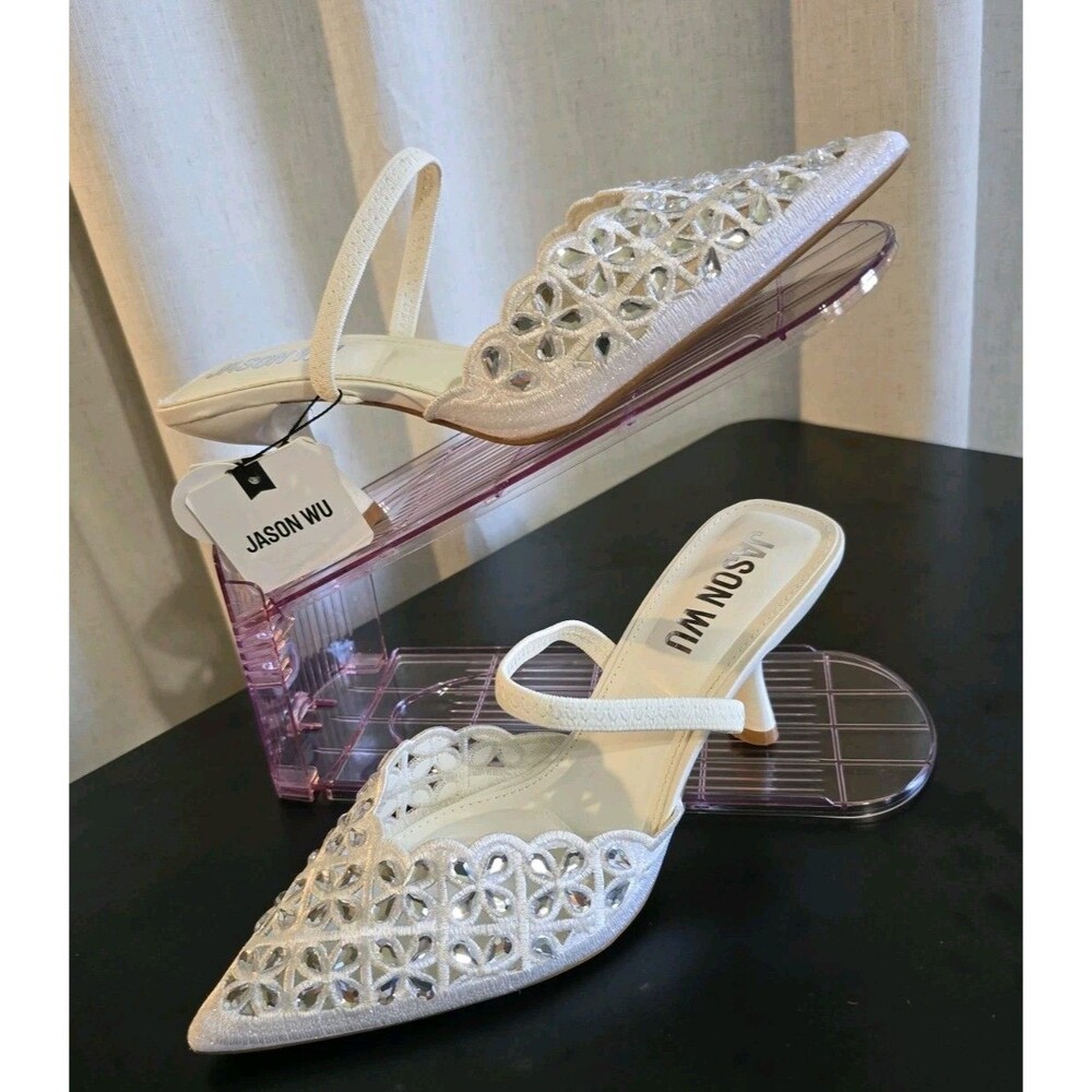 Jason Wu White Rhinestone Pointed Toe Mule Heels NWT Size 9.5 Bridal Wedding
